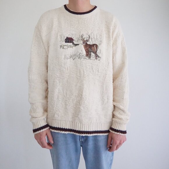 90S Craft & Barrow Cream Embroidered Cabin Buck Cotton Knit Crewneck Sweater L - Picture 1 of 10